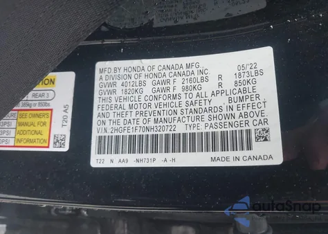 2022 Honda Civic Ex from USA, damaged, VIN 2HGFE1F70NH320722